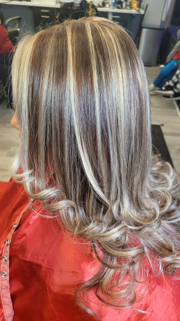 Dimensional foil highlights created at Dina Salon in Goshen, NY
